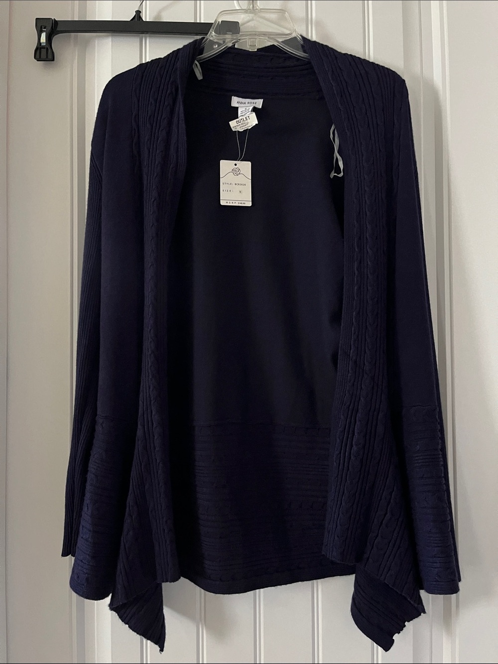Anna Rose Navy Open-Front Cable Knit Draped Cardigan